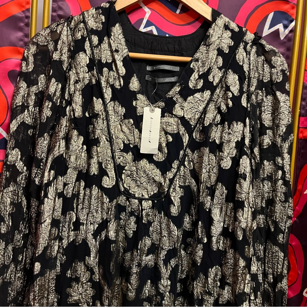 NWT by Anthropologie Metallic Gold Black Foil Mini Tunic Long Sleeve Dress Mesh - Picture 3 of 12